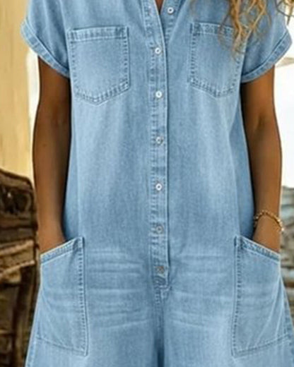 Pagliaccetto Donna in Denim con Bottoni e Tasche Applicate