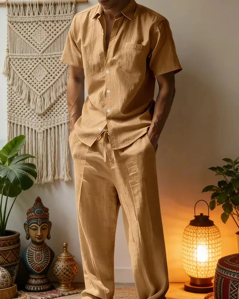 Green Men's Summer Set Short Sleeve Shirt Wide Leg Trousers — Lino Conti
