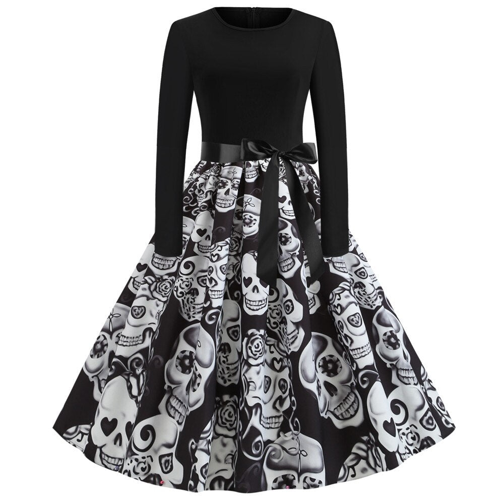 Damen Halloween Kostüm – Gothic Midi Kleid mit Karikatur Druck
