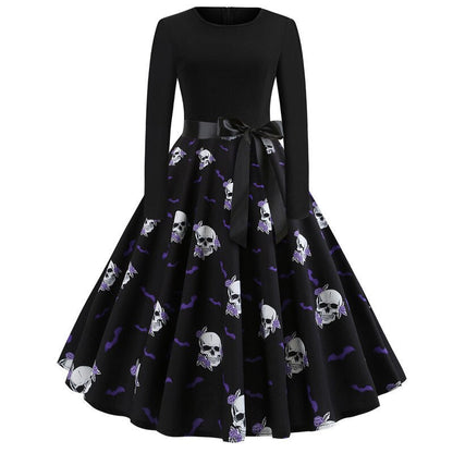 Damen Halloween Kostüm – Gothic Midi Kleid mit Karikatur Druck