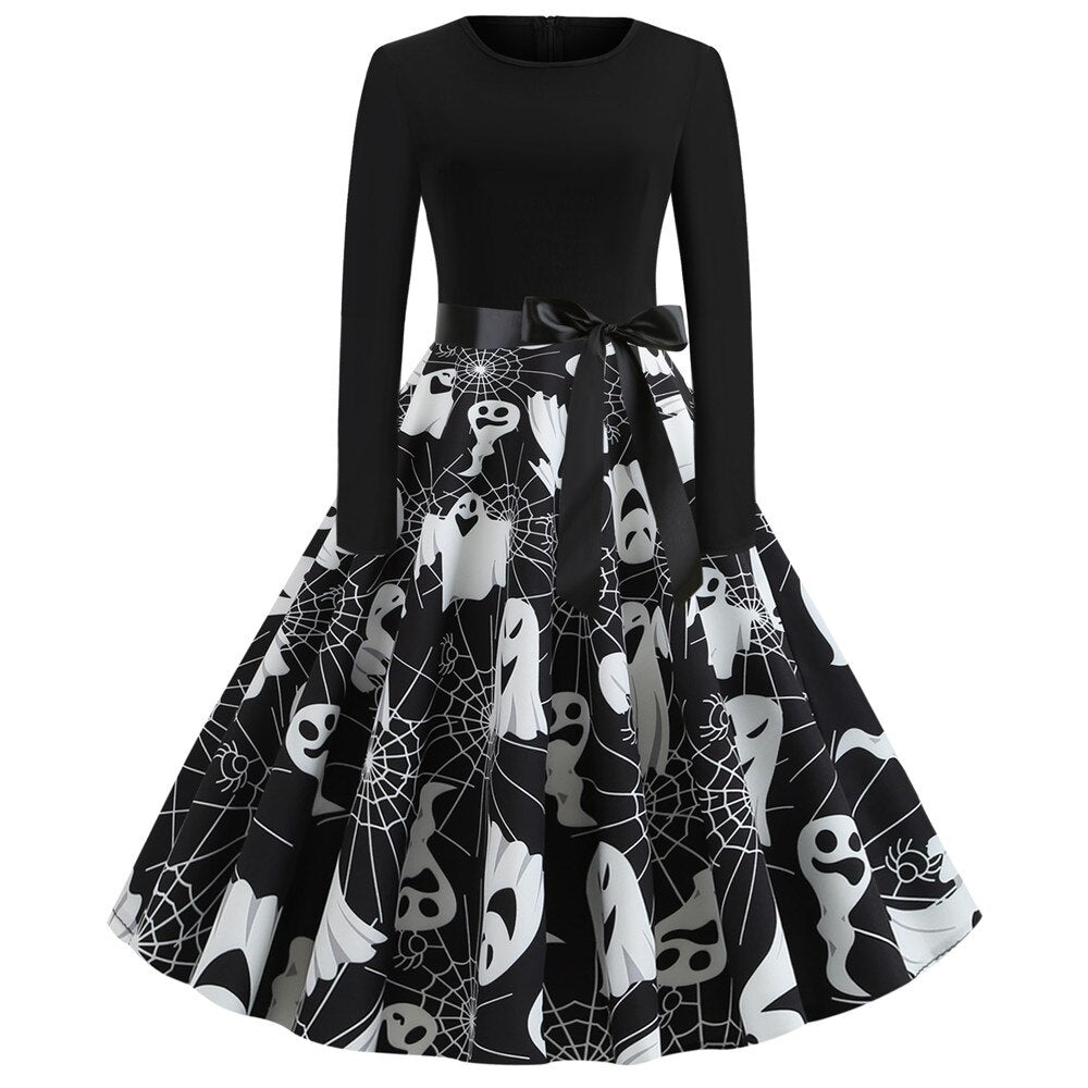 Damen Halloween Kostüm – Gothic Midi Kleid mit Karikatur Druck