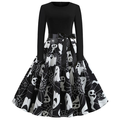 Damen Halloween Kostüm – Gothic Midi Kleid mit Karikatur Druck