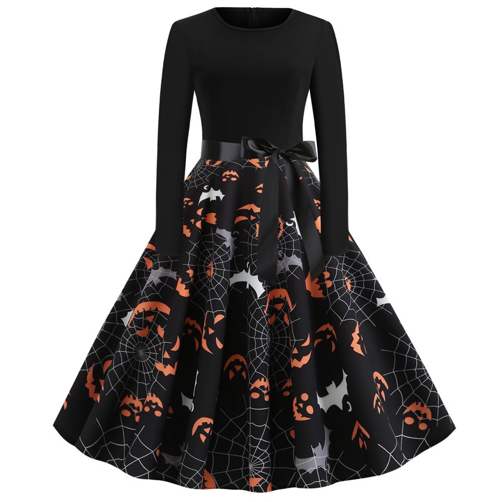 Damen Halloween Kostüm – Gothic Midi Kleid mit Karikatur Druck