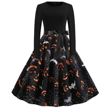 Damen Halloween Kostüm – Gothic Midi Kleid mit Karikatur Druck