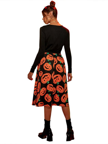 Damen Halloween Kostümkleid – Midi Kleid mit Kürbis Druck & Langen Ärmeln