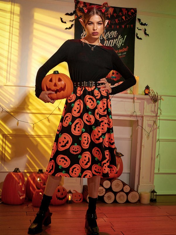 Damen Halloween Kostümkleid – Midi Kleid mit Kürbis Druck & Langen Ärmeln