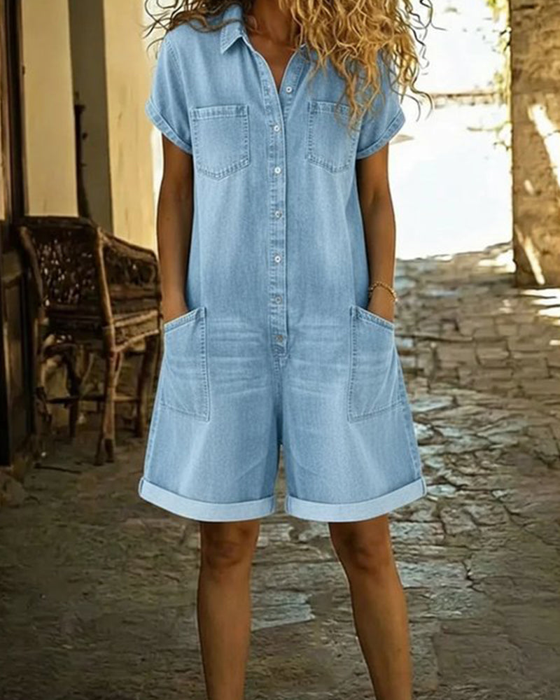 Pagliaccetto Donna in Denim con Bottoni e Tasche Applicate