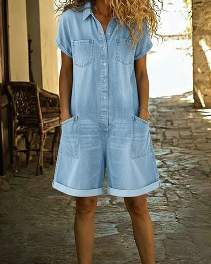 Pagliaccetto Donna in Denim con Bottoni e Tasche Applicate