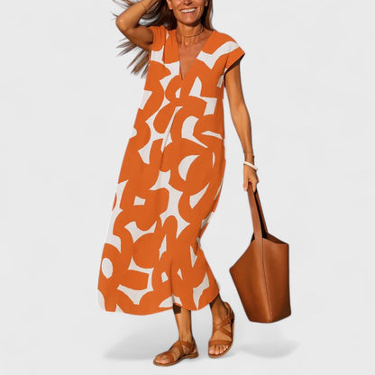 Maxi Abito Fluido Donna con Stampa Astratta e Scollo a V