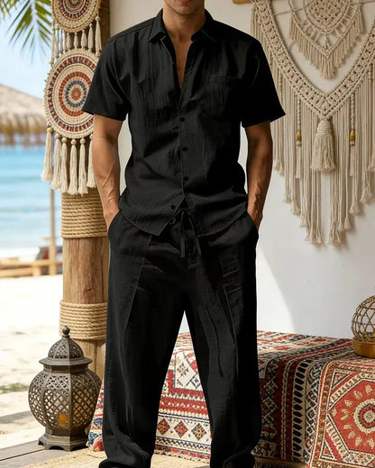 Grey Men's Summer Set Short Sleeve Shirt Wide Leg Trousers — Lino Conti