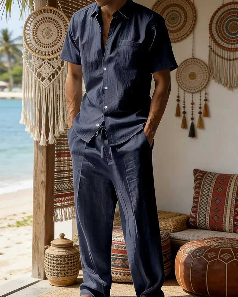 Blue Men's Summer Set Short Sleeve Shirt Wide Leg Trousers — Lino Conti