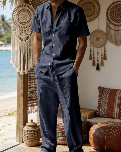 Blue Men's Summer Set Short Sleeve Shirt Wide Leg Trousers — Lino Conti