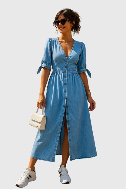 Abito Midi Donna con Scollo a V, Bottoni e Vita Arricciata