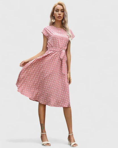 Abito Midi Donna a Pois con Maniche Corte e Laccio in Vita