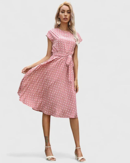 Abito Midi Donna a Pois con Maniche Corte e Laccio in Vita