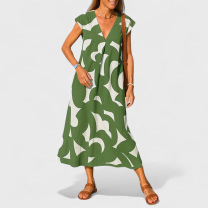 Maxi Abito Fluido Donna con Stampa Astratta e Scollo a V