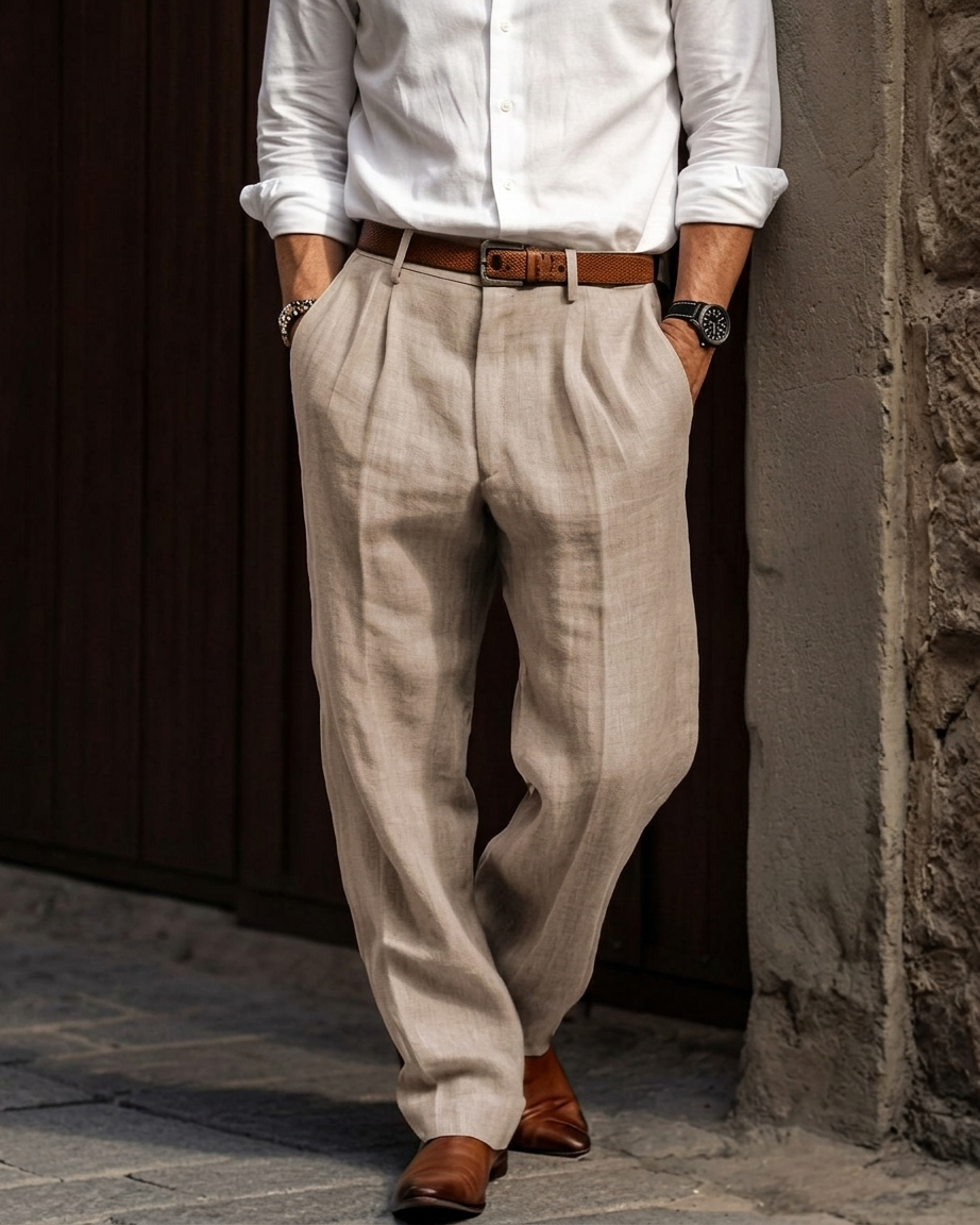 Beige Men's Elegant Casual Trousers Breathable Fabric — Lino Conti