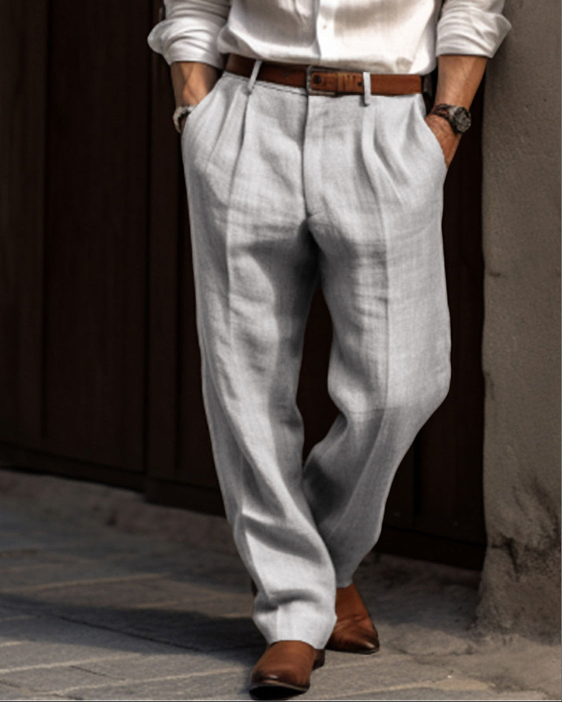 Beige Men's Elegant Casual Trousers Breathable Fabric — Lino Conti