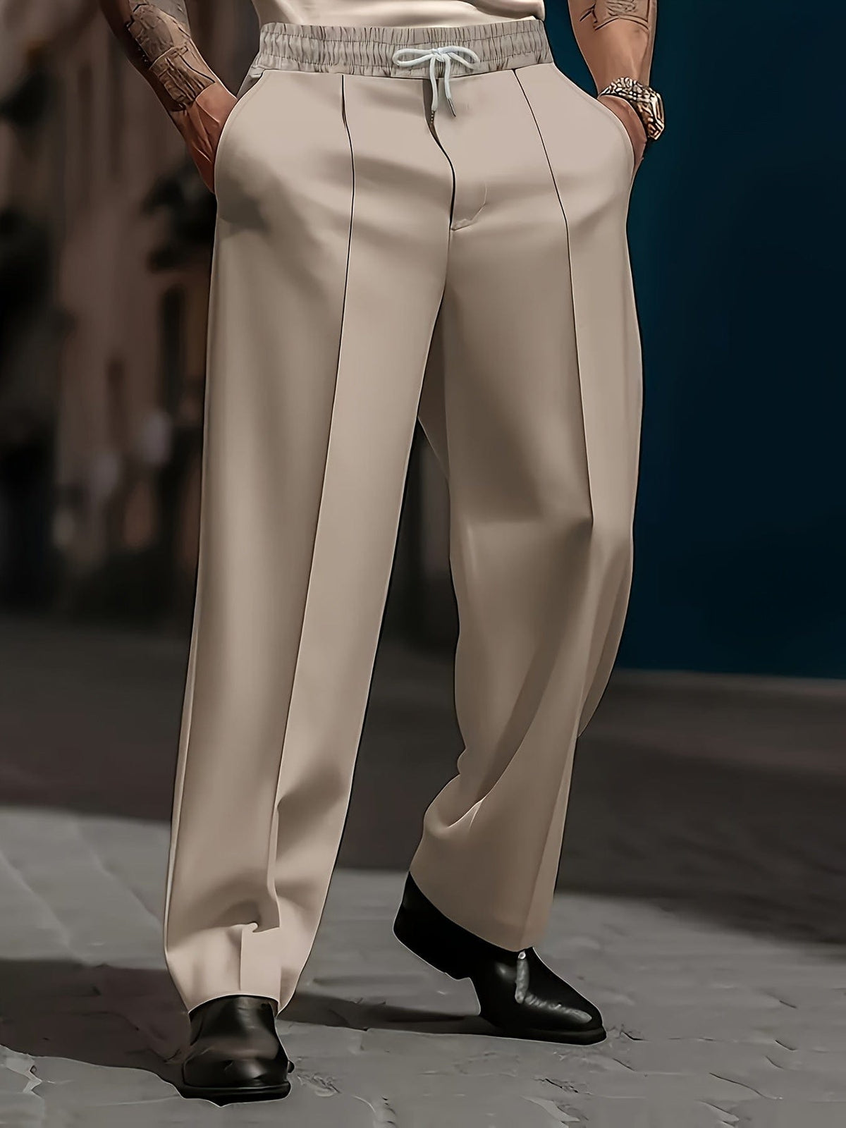 Pantaloni Uomo a Gamba Larga con Coulisse e Piega Frontale