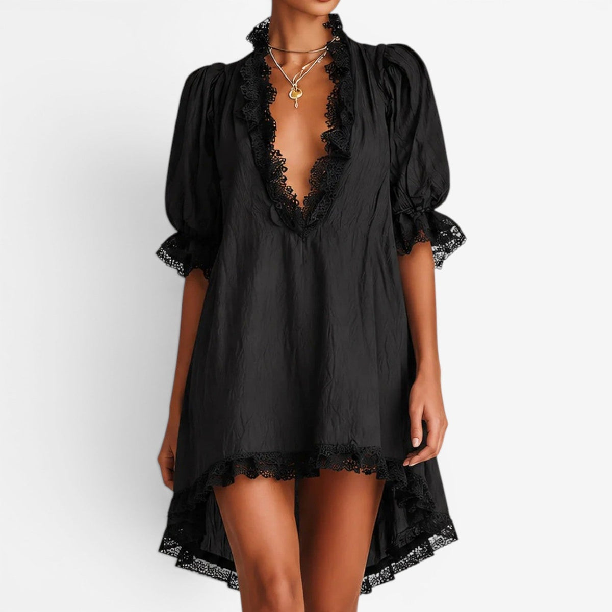 Marcellina Abito Midi in Chiffon con Perle e Orlo Asimmetrico