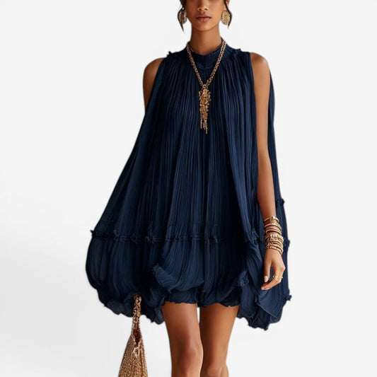 Abito Midi Donna in Chiffon Plissé con Pizzo e Orlo Asimmetrico