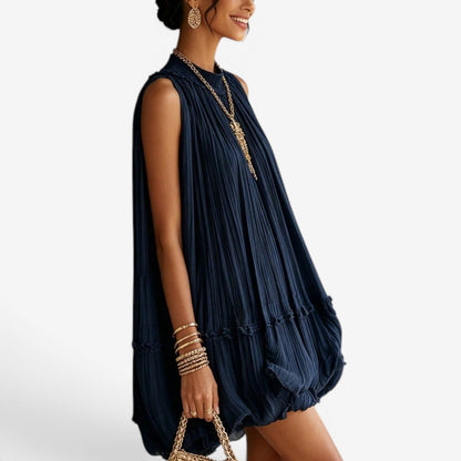 Abito Midi Donna in Chiffon Plissé con Pizzo e Orlo Asimmetrico