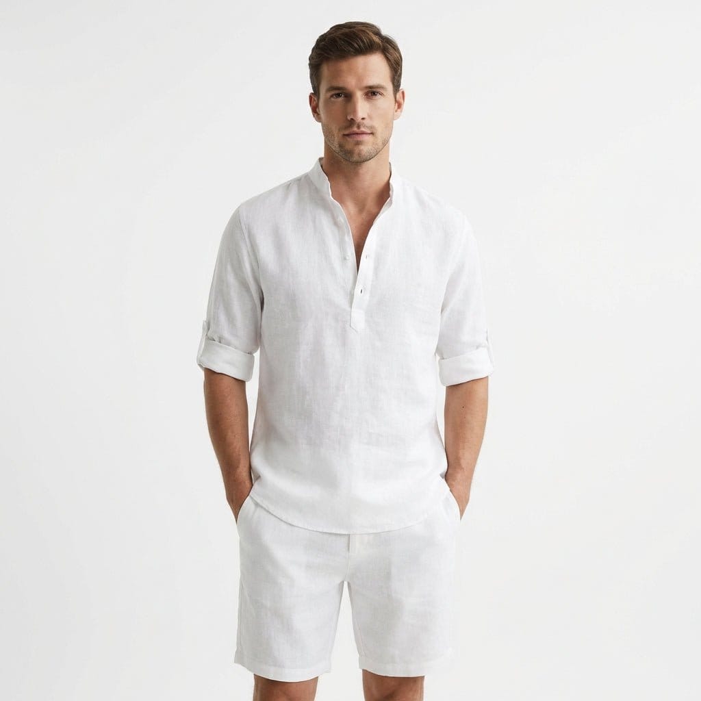 Camicia Henley Uomo in Lino Rilassata, Collo Mao