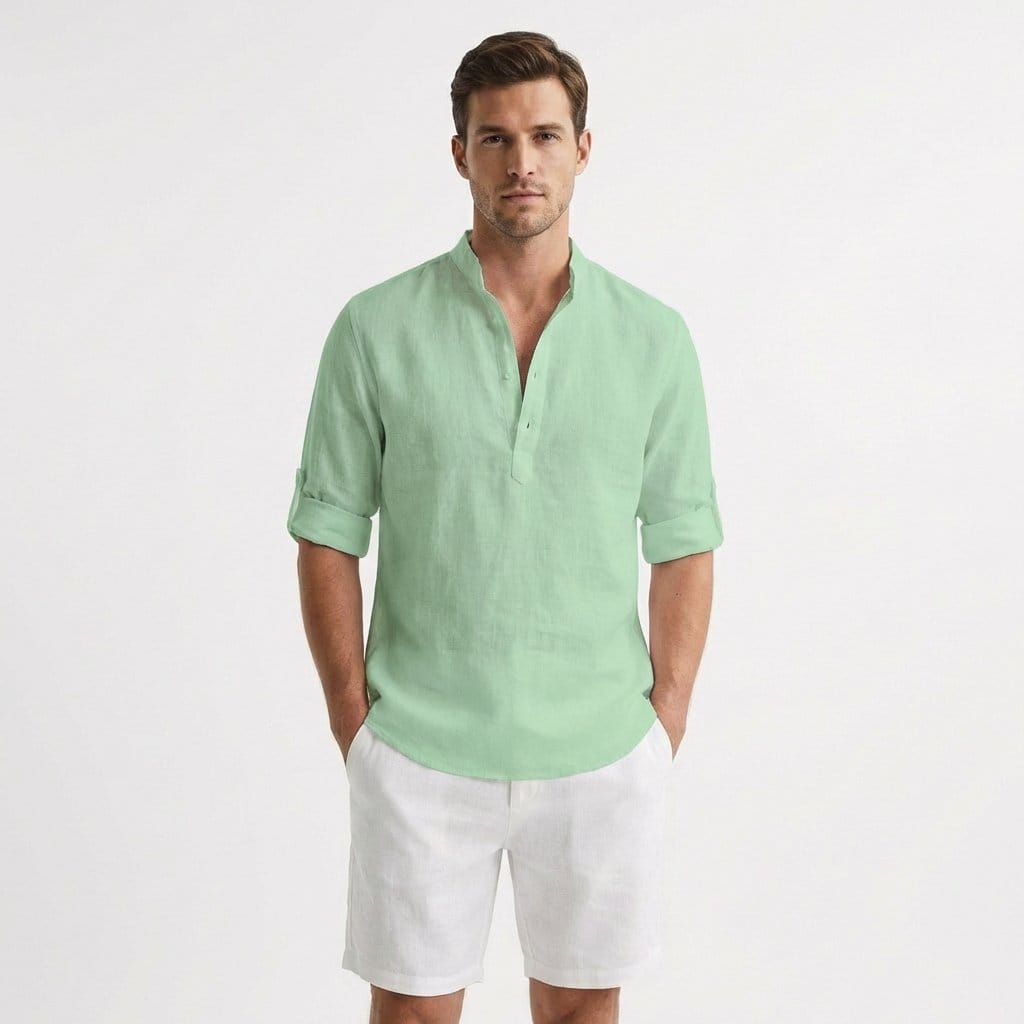Camicia Henley Uomo in Lino Rilassata, Collo Mao