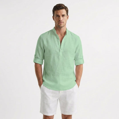 Camicia Henley Uomo in Lino Rilassata, Collo Mao