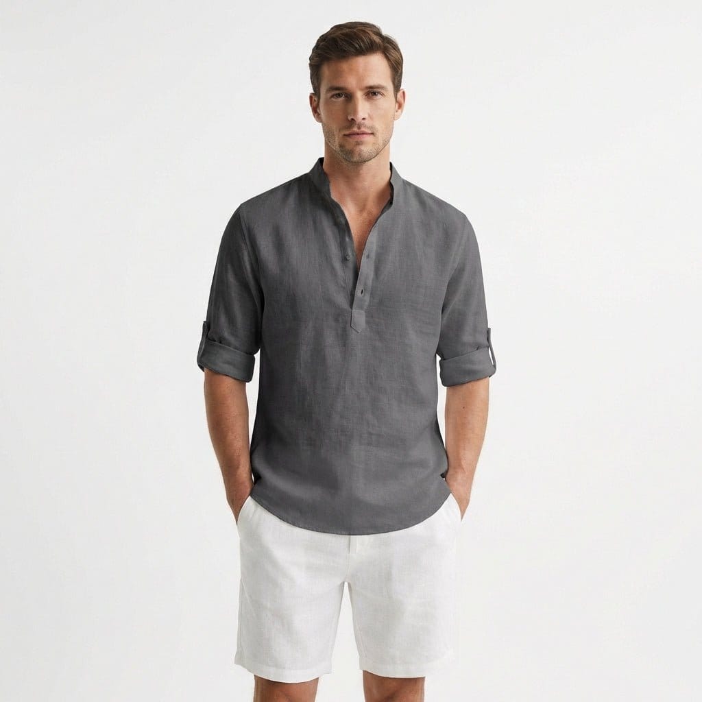Camicia Henley Uomo in Lino Rilassata, Collo Mao