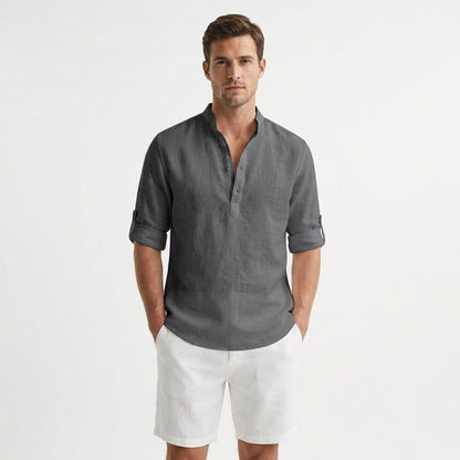 Camicia Henley Uomo in Lino Rilassata, Collo Mao