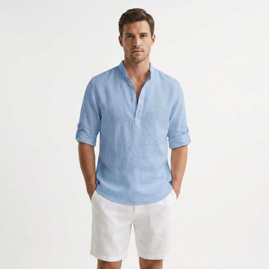 Camicia Henley Uomo in Lino Rilassata, Collo Mao