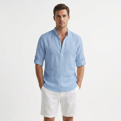 Camicia Henley Uomo in Lino Rilassata, Collo Mao