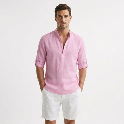 Camicia Henley Uomo in Lino Rilassata, Collo Mao