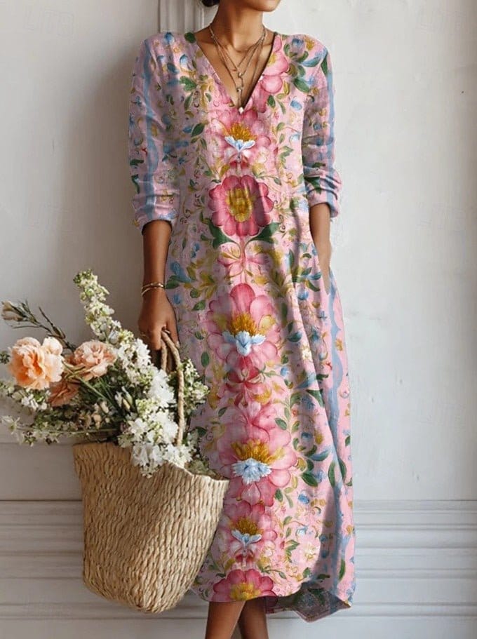 Abito Midi Floreale Annika con Scollo a V, Tasche e Maniche Tre Quarti