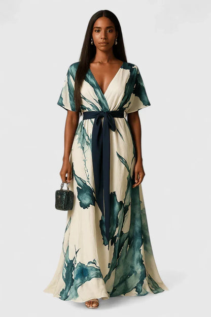 Vestito Lungo Donna con Stampa Acquerello e Cintura in Vita