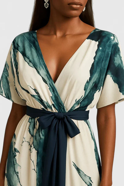 Vestito Lungo Donna con Stampa Acquerello e Cintura in Vita