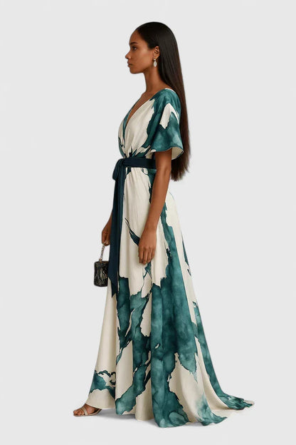 Vestito Lungo Donna con Stampa Acquerello e Cintura in Vita