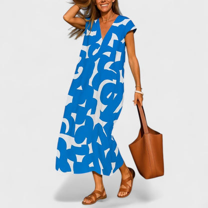Maxi Abito Fluido Donna con Stampa Astratta e Scollo a V