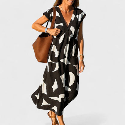 Maxi Abito Fluido Donna con Stampa Astratta e Scollo a V