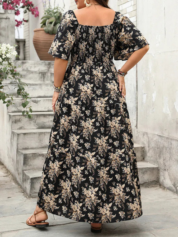 Aniceta Abito Maxi Floreale Nero con Cintura Leggero