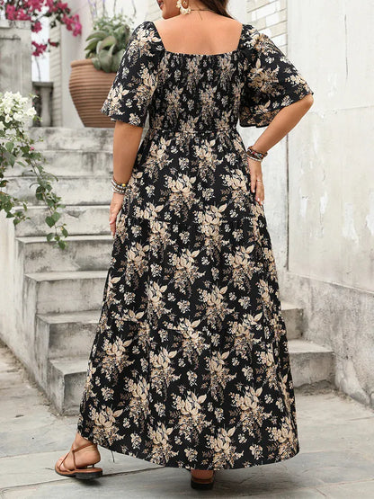 Aniceta Abito Maxi Floreale Nero con Cintura Leggero
