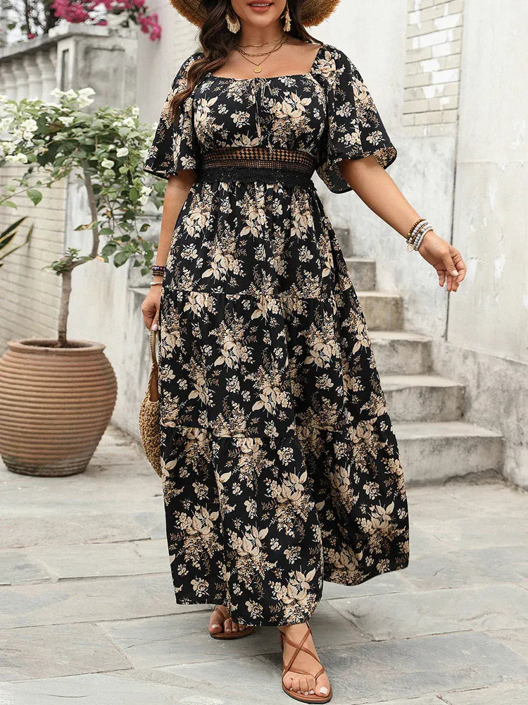 Aniceta Abito Maxi Floreale Nero con Cintura Leggero