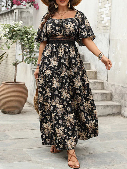 Aniceta Abito Maxi Floreale Nero con Cintura Leggero