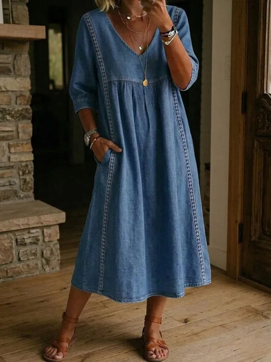 Abito Donna in Denim Scollo V con Pizzo — vista frontale