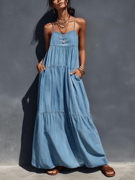 Abito lungo blu in denim a balze — vista frontale