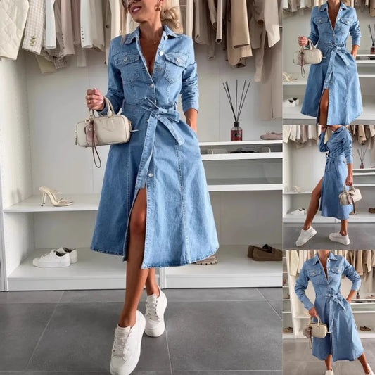 Abito Lungo Donna in Denim con Maniche Lunghe — vista frontale