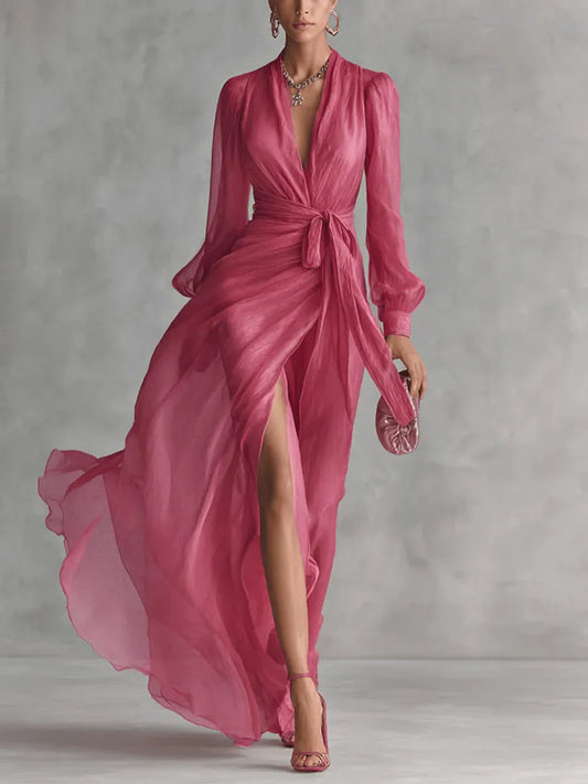 Abito lungo rosa elegante con cintura — vista frontale