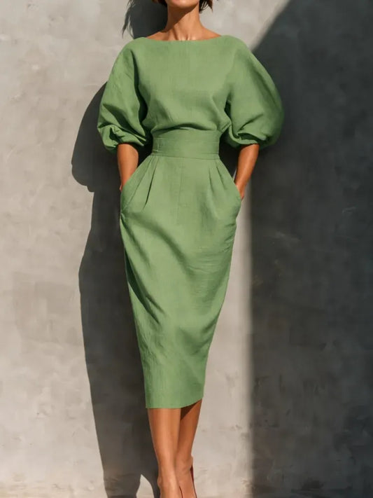 Abito Midi da Donna Elegante in Lino Plissettato — vista frontale