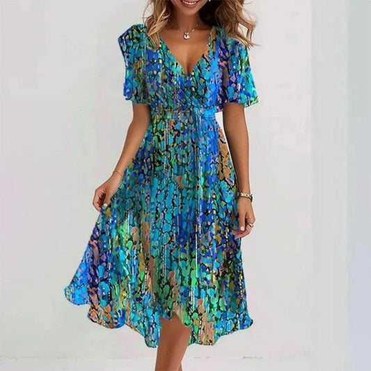 Abito Midi da Donna Floreale con Scollo V — vista frontale